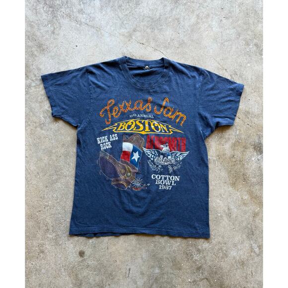VTG 1987 Texxas Jam Dark Gray Concert Tee Size Small Aerosmith, Boston, Poison - Picture 1 of 5